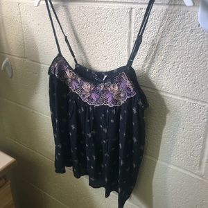 Black flowy tank with embroidered flowers